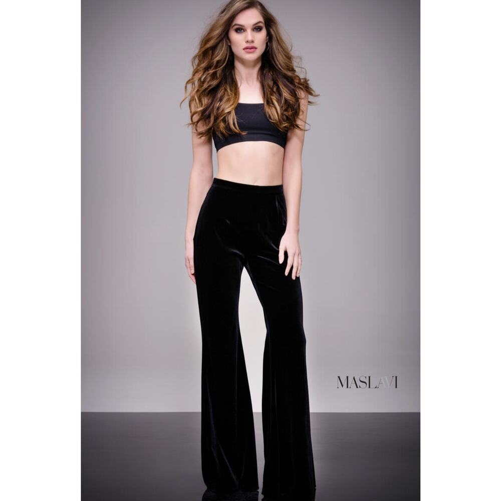 NWT Jovani Maslavi Black Velvet Flare High Waist Pants Designer Disco 10